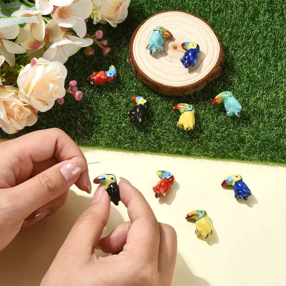 10pcs Porcelain Handmade Toucan Ceramic Beads Multicolor 3D Bird Shaped Loose Spacer Beads for Jewelry Making Craft Decor