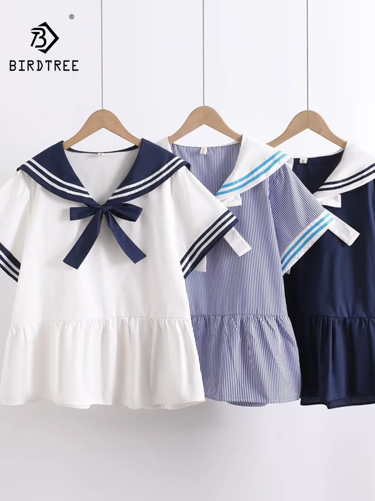 

Новая летняя женская хлопковая рубашка с коротким рукавом 2026 года, с матросским воротником и бантом, в японском стиле Mori Girl, свободная блузка в стиле преппи для повседневной носки T64318CC