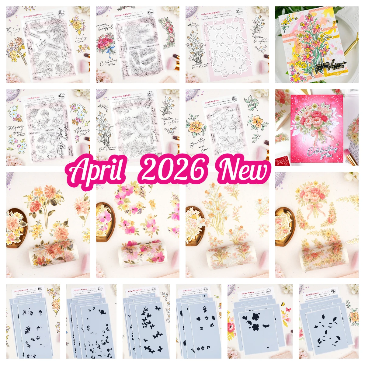 2026 Abril Rosa Fresco Celebración en Flor Narcisos Murmurantes Sueño Floral Troqueles de Estampación Plantillas DIY Florales Notion Story Encaje