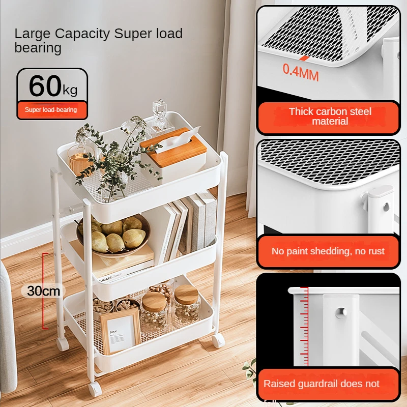 

Folding Trolley Wheels Three Layers Household Storage Rack Kitchen Floor Mobile with Storage Rack Installation-Free Trolley