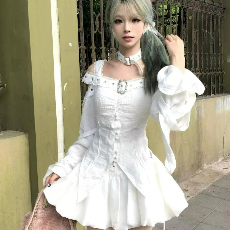 

Японский готический комплект в стиле Y2K Лолита: женский кавайный комплект с открытыми плечами, длинными рукавами, топом и милой мини-юбкой с высокой талией