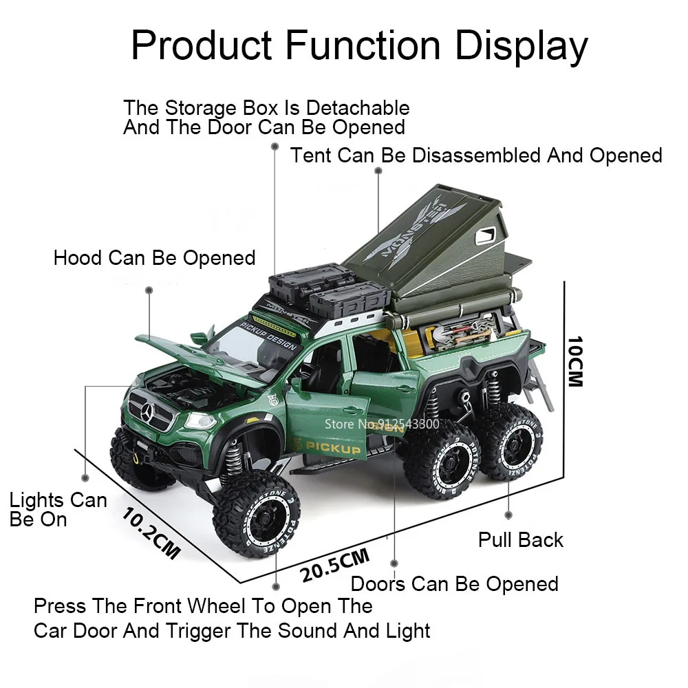 1:28 Benz UNIMOG Motorhome X-Class 6x6 Camping Car Model Toy Shock Absorption Sound Light Pull Back Off-road Vehicles Boys Gifts