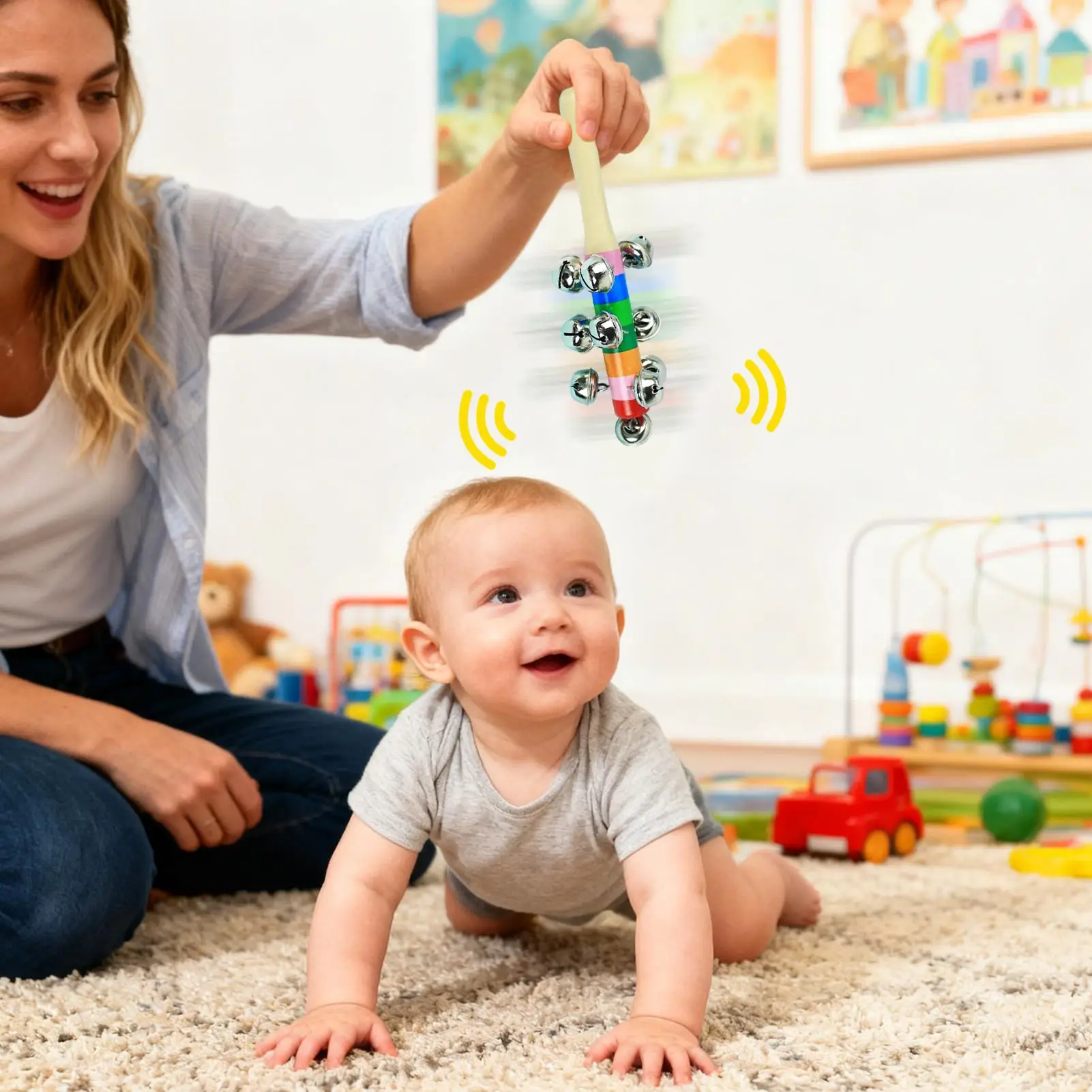 Lonceng Jingle Anak-Anak Mainan Musik Pegangan Kayu Lonceng Musik Pelangi untuk Anak Laki-Laki Perempuan Usia 2 Tahun Permainan Penitipan Anak Pendidikan Anak Usia Dini