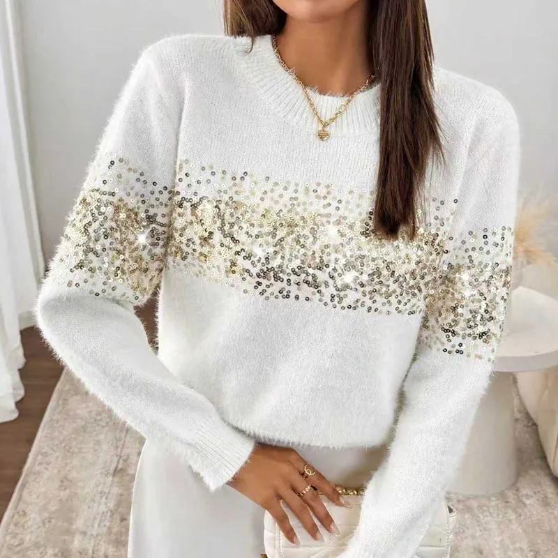 

Осень-зима, элегантный пуловер с круглым вырезом, джемпер, женский повседневный вязаный топ с длинными рукавами и жаккардовым принтом, модный свитер с вышивкой и блестками