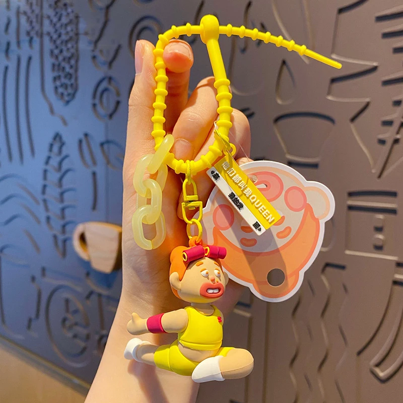 Creative Aspiring Funny Gymnastic Girl Doll Keychain Pendant Cartoon diy Big Mouth Curling Iron Female Keyring Bag Charm Gift