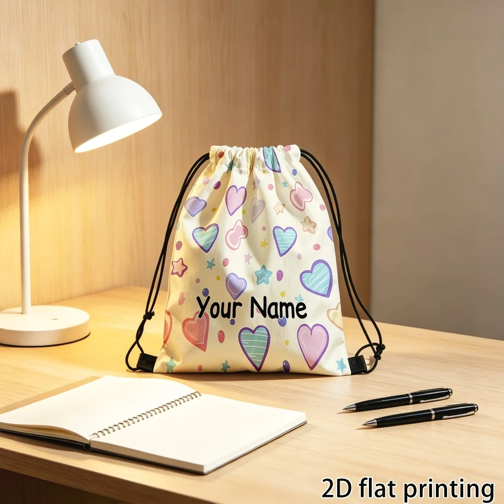 1Pc Customized Drawstring Backpack, Custom Name Text, Pastel Hearts and Stars Pattern Drawstring Backpack, Back to School Gift