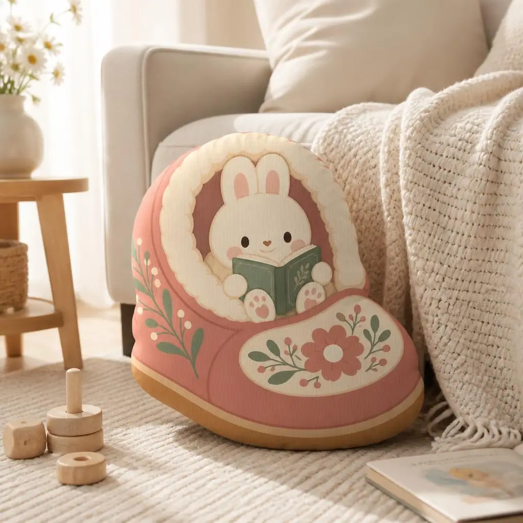 Reading Bunny Slipper Pillow Book Lover Cushion Cottagecore Plush Stuffed Throw Pillow Floral Bedroom Decor Gift for Readers
