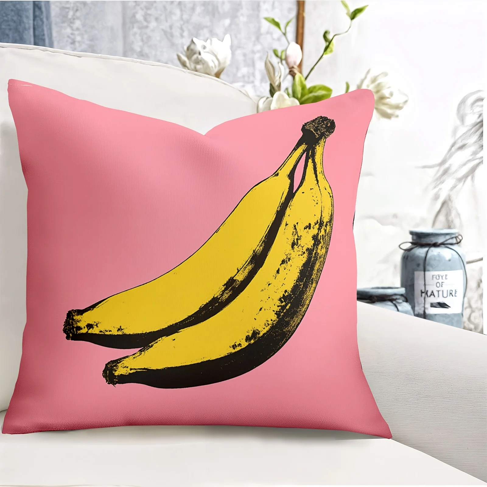 Pop Art Banana Pillow Cover 18x18 Inch Polyester Zipper Machine Washable Pink Yellow Modern Decor Sofa Bed