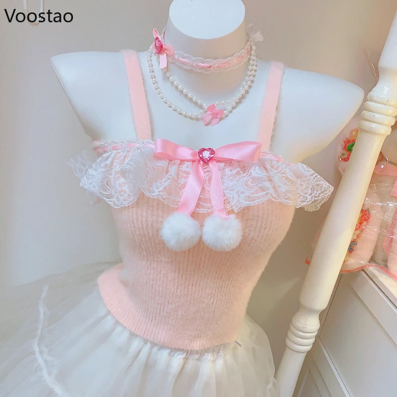 Japanese Cute Lolita Knitted Tank Tops Women Sweet Sleeveless Bow Plush Ball Kawaii Camisole Elegant Sexy Clothes Princess Vest