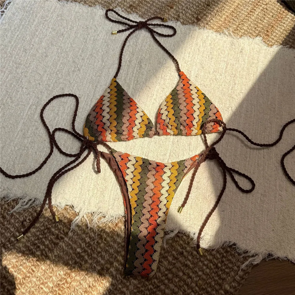 Bikini Triángulo Micro con Bordado de Cuerda a Rayas de Colores, Traje de Baño Sexy para Mujer, Colección 2026, Conjunto de Bikini para Vacaciones