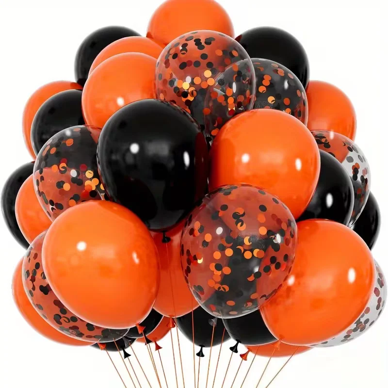Kit de 70 Globos de Látex Negros y Naranjas de 10 y 12 Pulgadas con Cinta de Confeti Reutilizable para Decoración de Fiestas de Halloween, Graduación y Black Friday