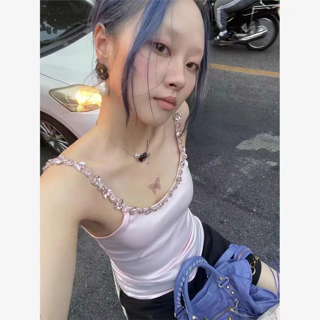 Heavy Work Diamond Embedded Pink Gem Y2K Spicy Girl Tank Top Slim Fit Weste Summer Faion Set für junge Frauen 8-25