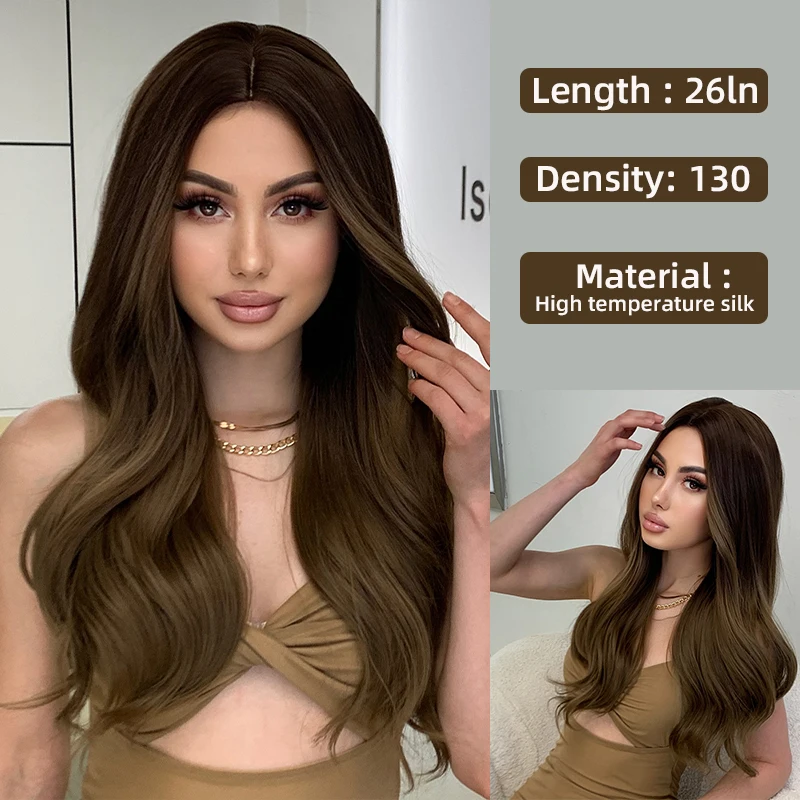 

Fashion Dyeing Black Gradient Brown Center Parted Long Curly Hair Big Wave Wig Set Full Head Set The Whole Wig Woman