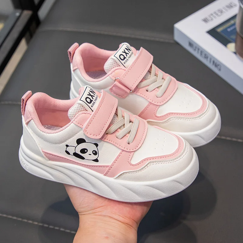Girls Casual Shoes Flat Sole Sport Board Shoes Panda Pattern Lightweight Comfortable Leather Walking Sneakers Kids Footwear