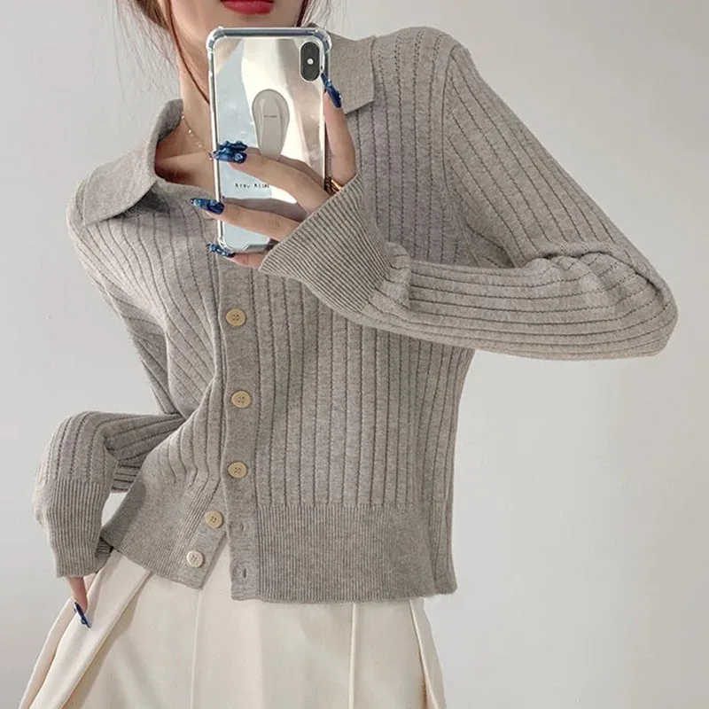 

Women 2024 New Slimming Lapel Sweater Autum Winter Long Sleeve Knit Cardigan Sweater Woman Solid Color Button Up Cardigans Mujer