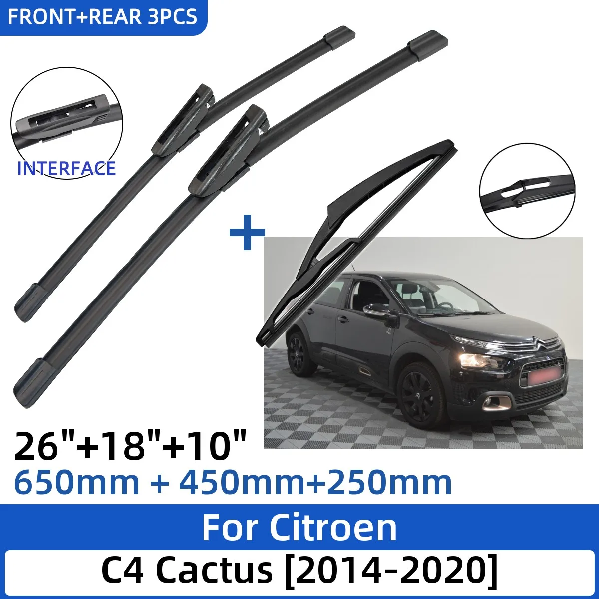 

3 шт. для Citroen C4 Cactus 2014-2020 26 "+ 18" + 10 "передние и задние щетки стеклоочистителя лобовое стекло резак для окон аксессуары