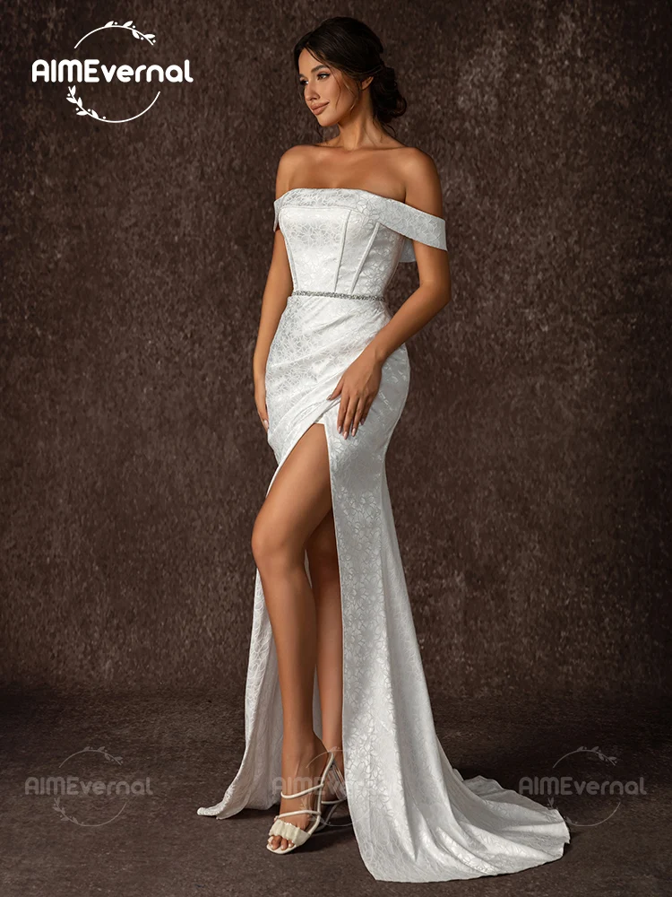 Sexy Strapless Wedding Dress Mermaid High Slit Formal Occasion Dresses Pleated Vestidos De Gala Wedding Guest Robe Prom Gown New