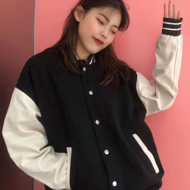 

Сплошной цвет, женский бейсбольный трикотаж, корейская версия, свободная трендовая универсальная весенне-осенняя повседневная бейсбольная куртка из джерси