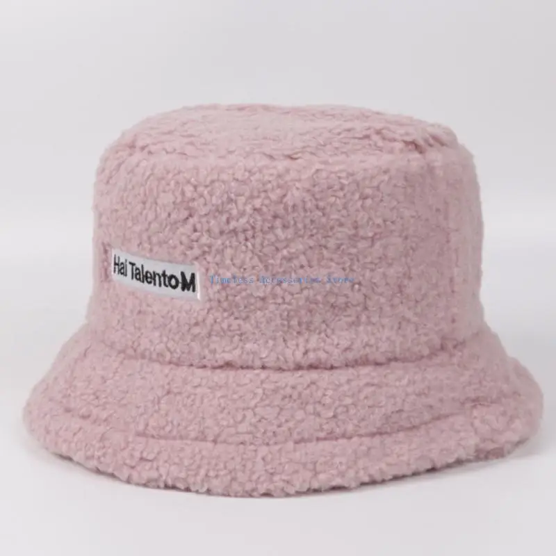 

97QE Women Winter Thicken Warm Faux Fleece Bucket Hat Letters Label Solid Color Harajuku Student Adjustable Fisherman Cap