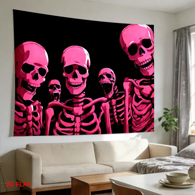 VIKAMA Pink Group Skull Gothic Wall Hanging Black Background Skeleton Tapestry Y2K Dorm Bedroom Decor Cloth