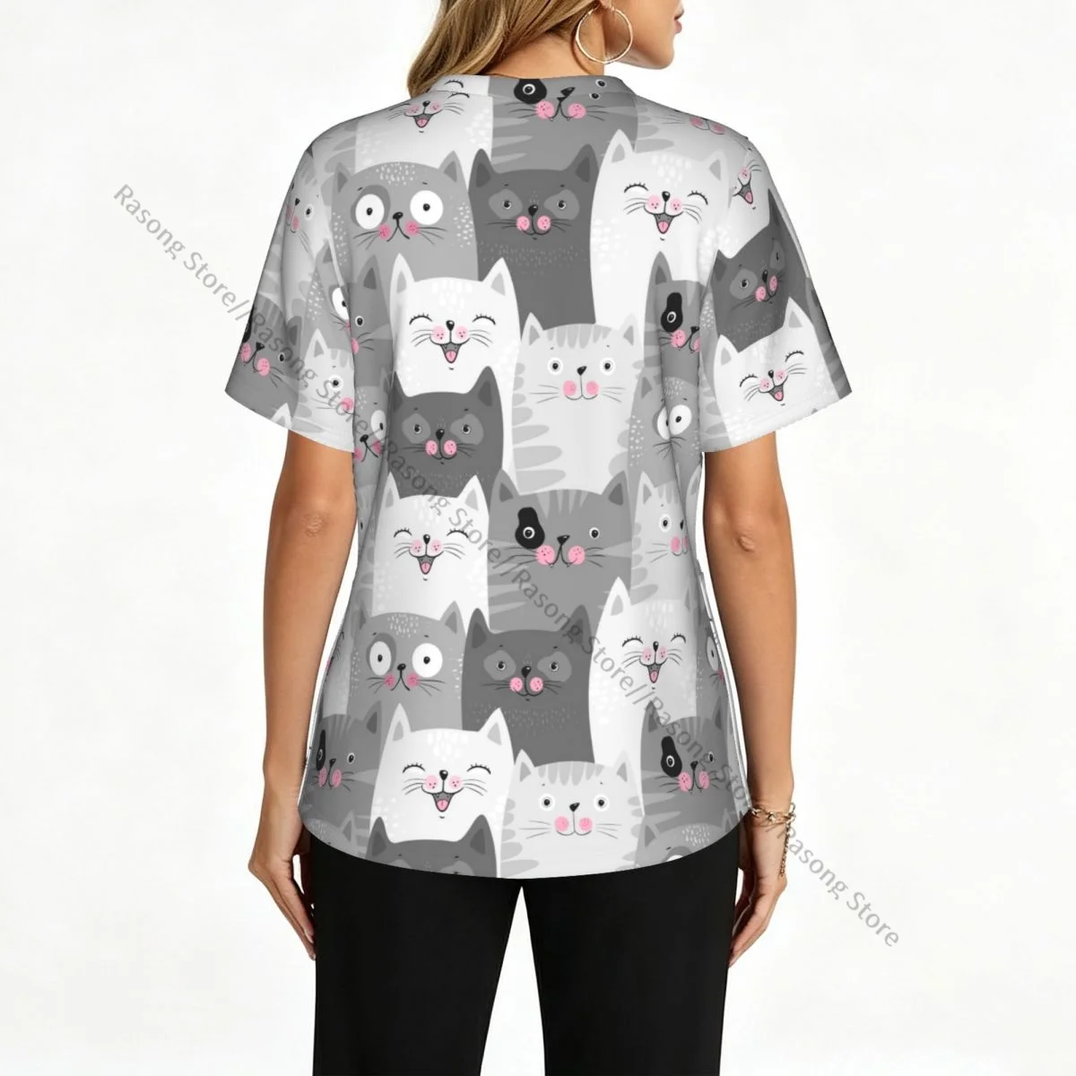 Women's Medical Scrub Top V Neck Short Sleeve Black White Gray Cats Stretch Nursing Uniform for Hospital Clinic