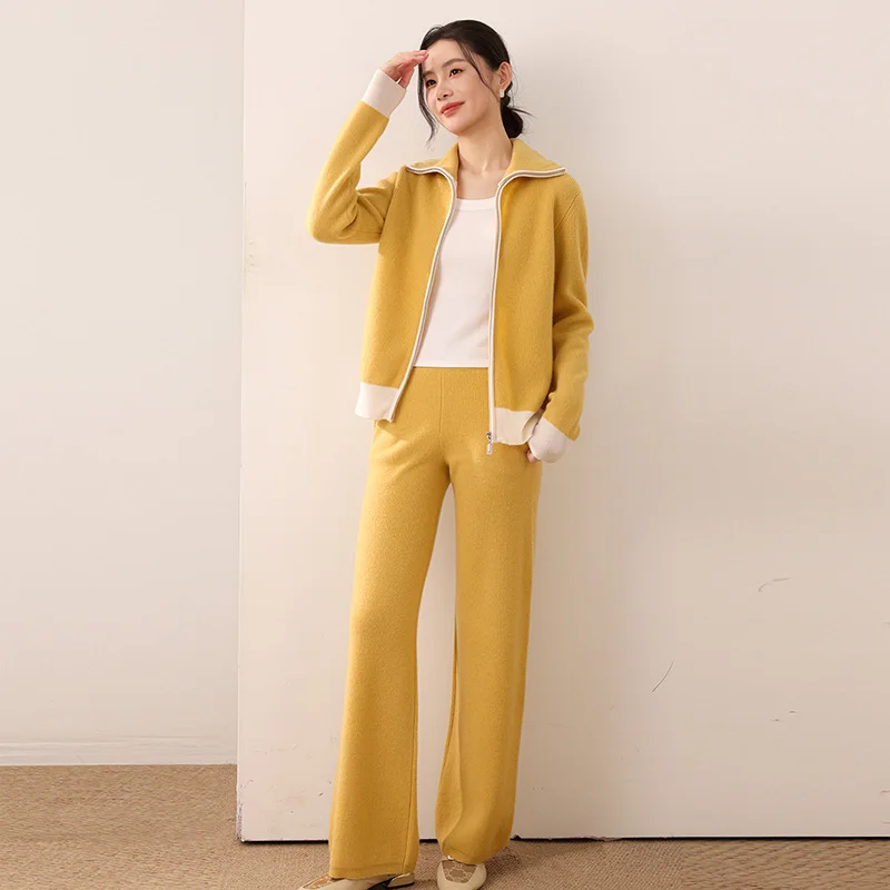 2025 Autumn Women Casual Blazer Cardigan Sweater Pants Set Long Sleeve Zipper Blazer + Wide Leg Trousers Lady Office Outfit Suit