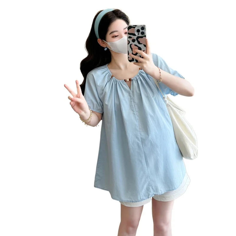 Maternity Set 2026 Summer New Sweet Cute Breathable Comfortable Short Sleeve Doll Shirt And Shorts Two Piece Set For Pregnancy - view 4