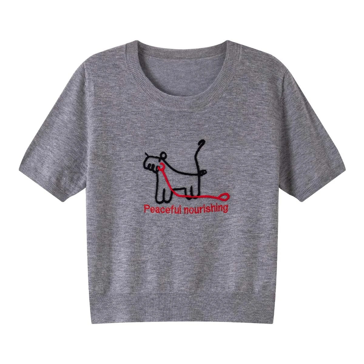 VIMLY Dames Zomer Gebreide Tops Truien Fun Puppy Geborduurd T-shirt met korte mouwen 2025, Casual gebreide trui met ronde hals 75021