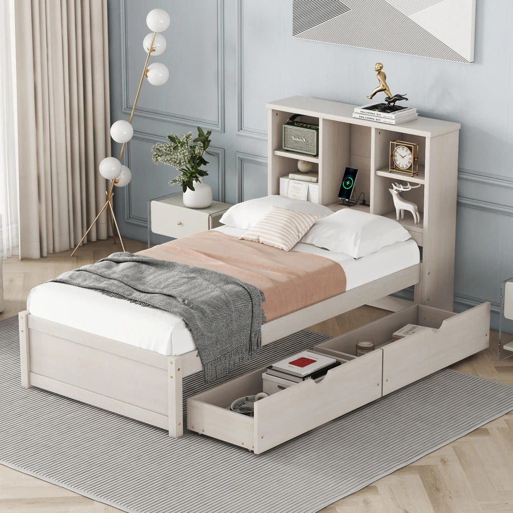 

Modern Twin Size Bed Frame with Built-in USB Port on Bookcase Headboard and 2 Drawers for White Washed Color， Twin Bed Frame