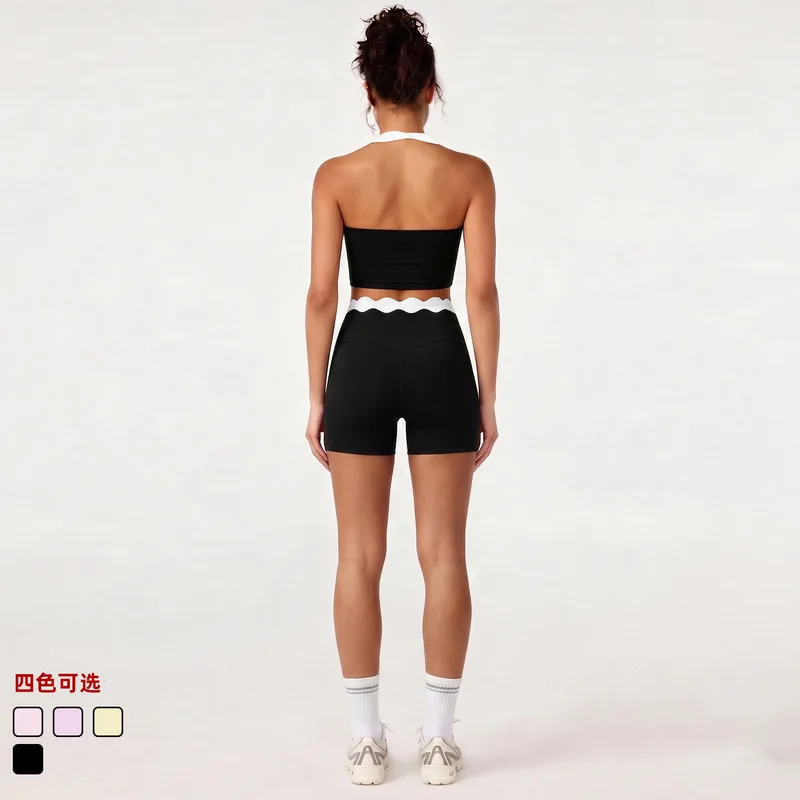 Women's Workout Clothes Color-Block Shell Lace Halter Neck Tank Top Tight-Fitting Sports Two-Piece Set Fitness Short Yoga Outfit