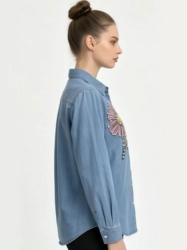 Women Denim Embroidery Blouses Spring Autumn Long Sleeve Woman Blouse Shirt Office Elegant Work Shirt Top Blusas Mujer De Moda view 4
