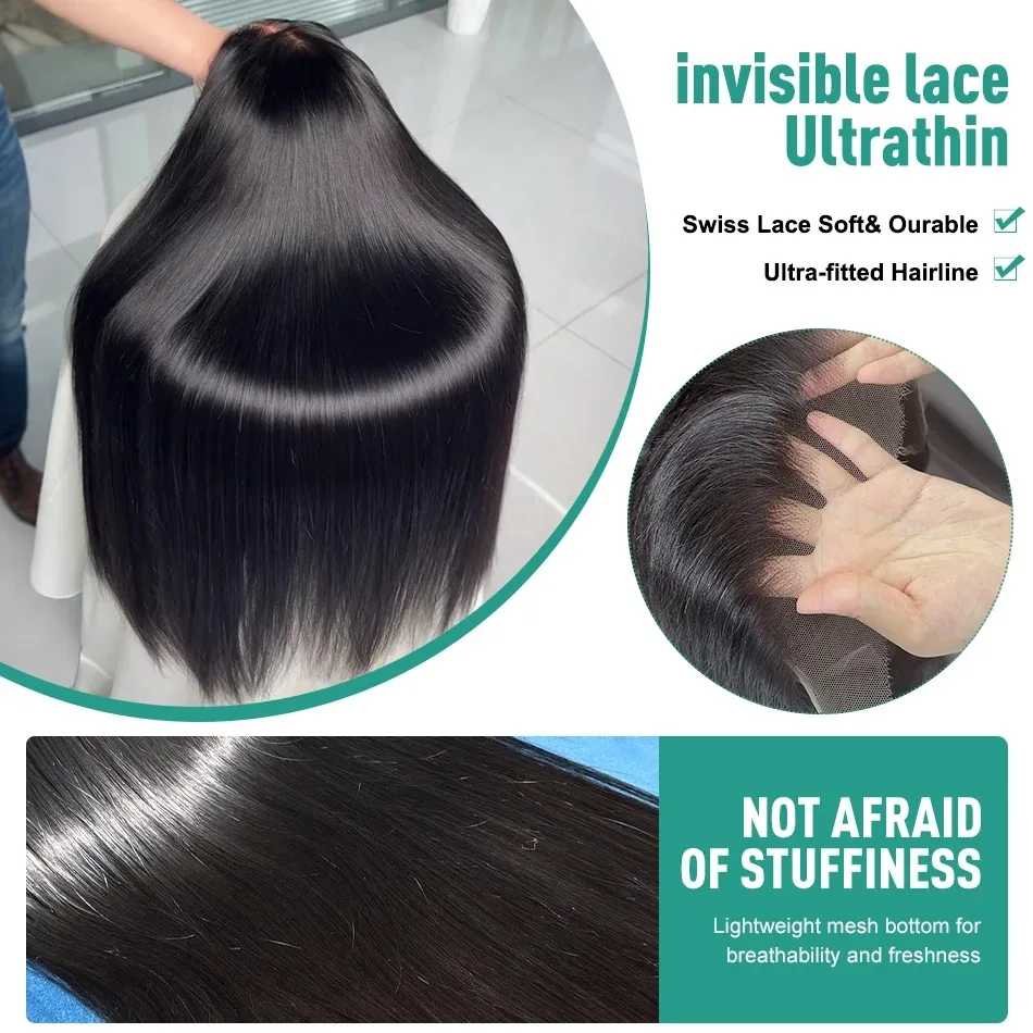 200 الكثافة العظام مستقيم 6x6 5x5 HD شفافة غلويليس الدانتيل إغلاق الباروكات شعر الإنسان بيرو شعر مستعار ريمي للنساء