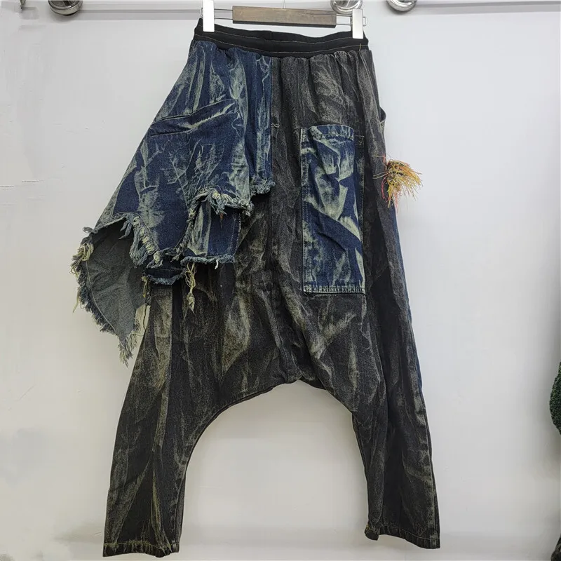 ANJY 2025 Autumn Winter New Women Fashion Niche Design Frayed Edge Color-Block Drop-Crotch Jeans Street Denim Cross-Pants A16375