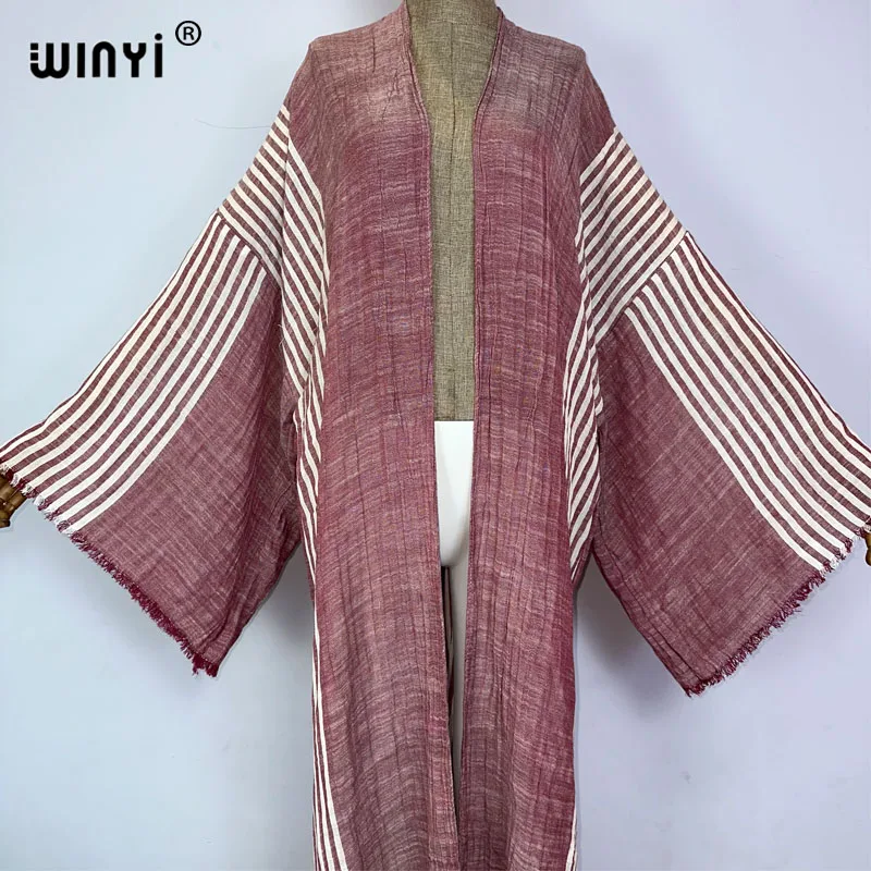 Nowa wygodna damska kurtka jesienny w paski z nadrukiem płaszcz plażowy luźna sukienka Boho luźna wakacyjna futerał do pływania up Kimono