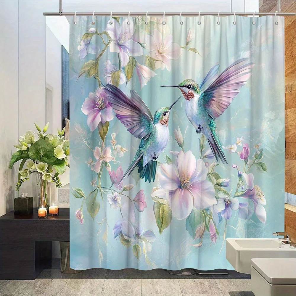 

1 шт. Причудливая занавеска для душа с колибри и цветочным принтом — переливающиеся зеленые, синие, фиолетовые птицы с пастельными розовыми, фиолетовыми, белыми цветами