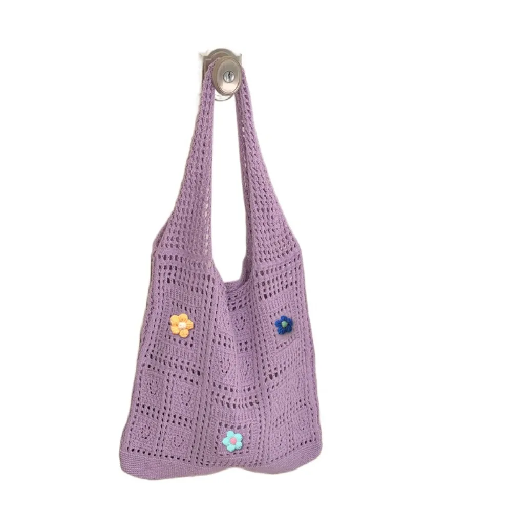 

Casual Hollow Knitted Tote Bag Large Capacity Flower Hollow Shoulder Bag Bohemian Style Breathable Woven Beach Bag Female