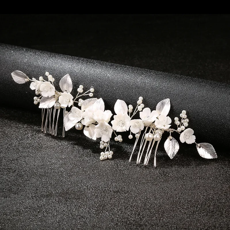 Enchanted Silver Color Handmade Pearl Rhinestone Ceramic Flower Hair Comb Bridal Party Wedding Ceremonies Couture Bridal Styling