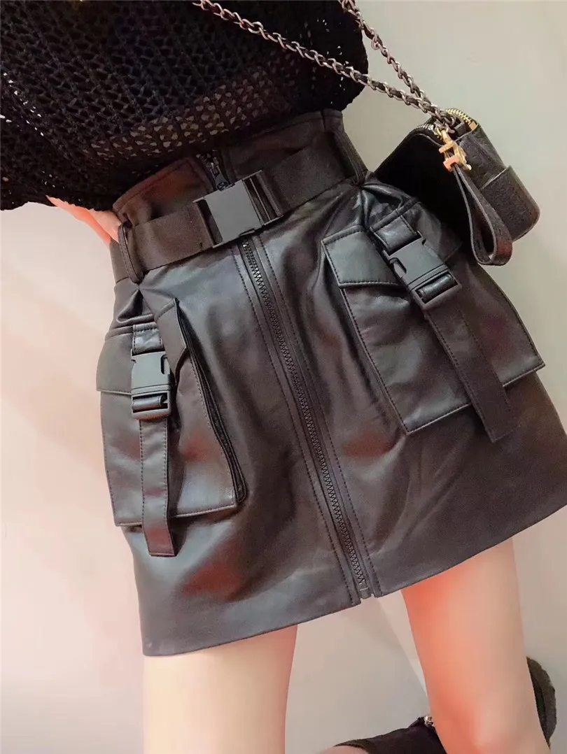 2023 New Autumn Winter Genuine Leather Skirt for Women High Waist A-line Skirt Sheepskin Wrap Hip Mini Skirt Mujer Y3992