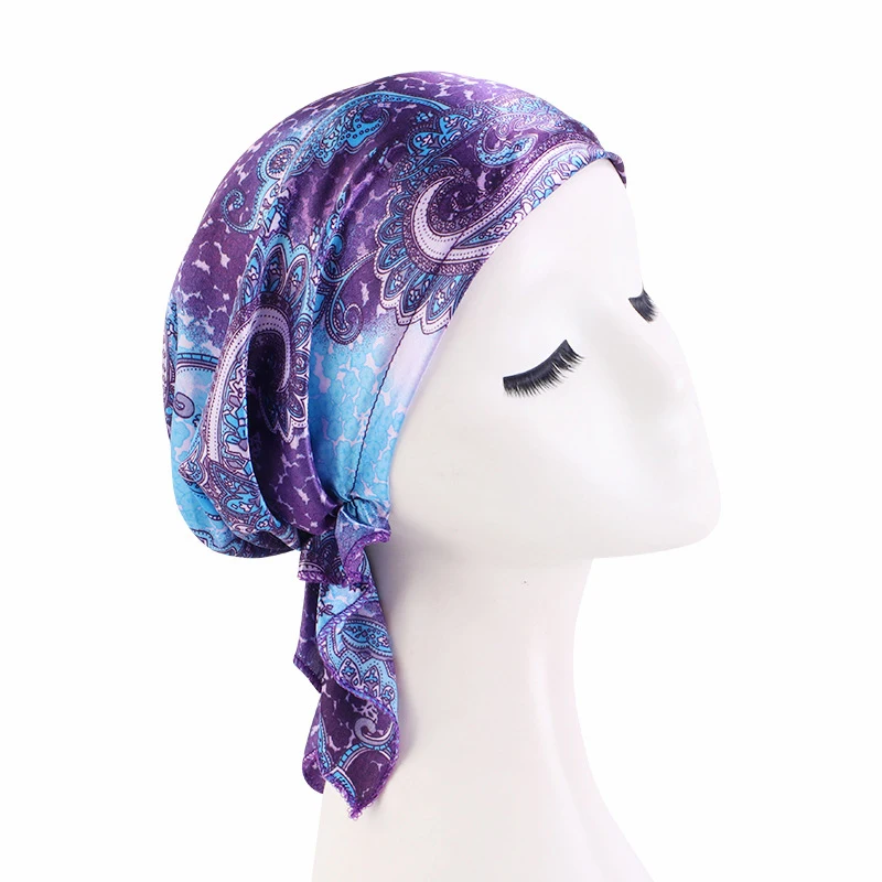 Sciarpa pre-annodata musulmana in raso Berretti chemio Berretti per cofano Donna Stampa fiore Turbante Cappello Foulard Avvolgere Copertura contro il cancro Accessori per capelli