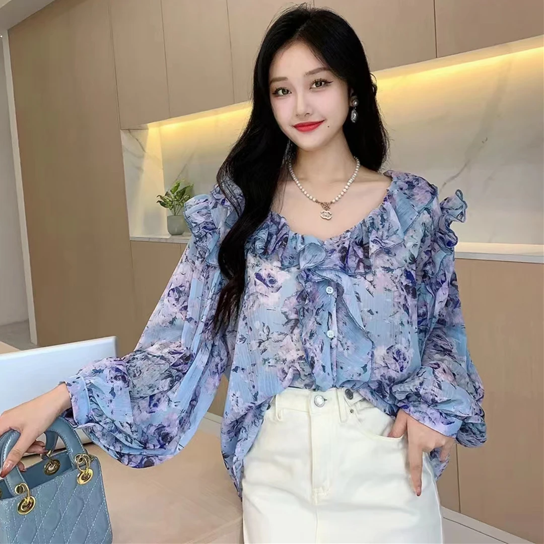 2024 New Spring Autumn Women V-Neck Pleated Long Sleeve Loose Blouse High Quality Sweet Ruffles Chiffon Floral Shirt