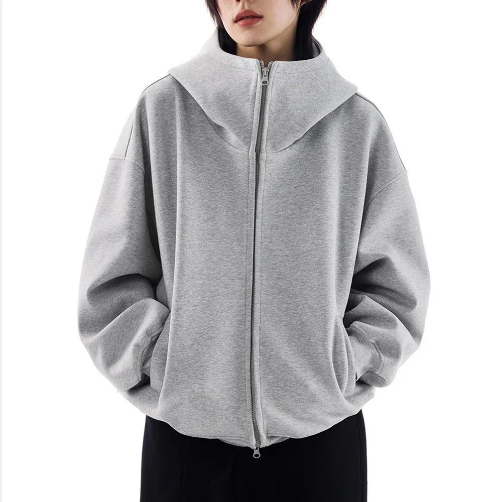 

Autumn Women Gray Jacket with Hood Long Sleeve Big Pocket Zipper Jacket Coat Woman Loose Casual Outerwear Coat Topsfleece-lined