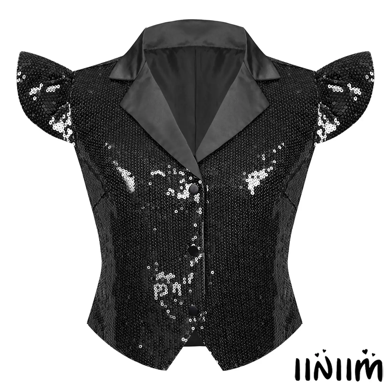 Women Allover Sequin Disco Waistcoat Notched Lapel V Neck Ruffled Fly Sleeve Button-down Fully Lined Vest Tank Top for Party
