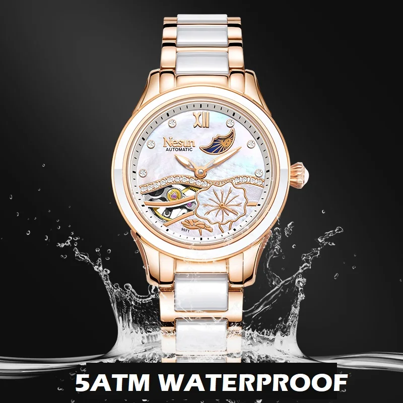 Nesun For Women Watch Automatic Wristwatch Mechanical Movement Shell Dial Rhinstone Diamond Waterproof Moon Phase Montre Femme