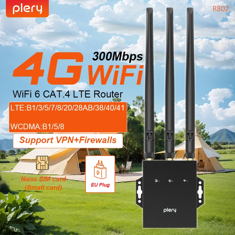 PLERY 4G LTE Routers 2.4G EU Plug 300Mbps WiFi6 Router Portable Internet Device Nano SIM Card LAN/WAN Port For IP Camera Eurasia