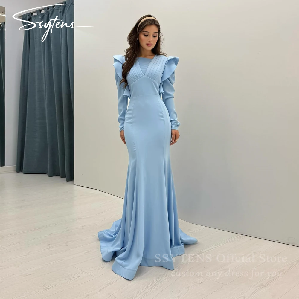 SSYTENS Elegant Blue Saudi Prom Dresses Stain Full Sleeve Formal Gown with Pleats Mermaid Evening Dresses for Woman Customized