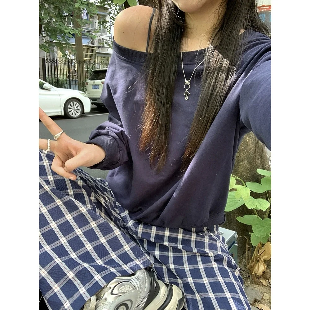 

Ретро-американский свободный женский свитшот с открытыми плечами, тонкая верхняя одежда, весенне-осенняя толстовка без капюшона с воротником-стойкой