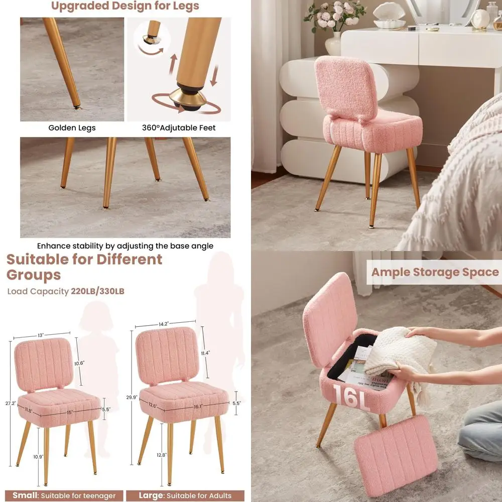 

Elegant Storage Ottoman with Folding Backrest & Gold Legs, Teddy Velvet Seat, 15x12 for Dressing Rooms & Living Spaces