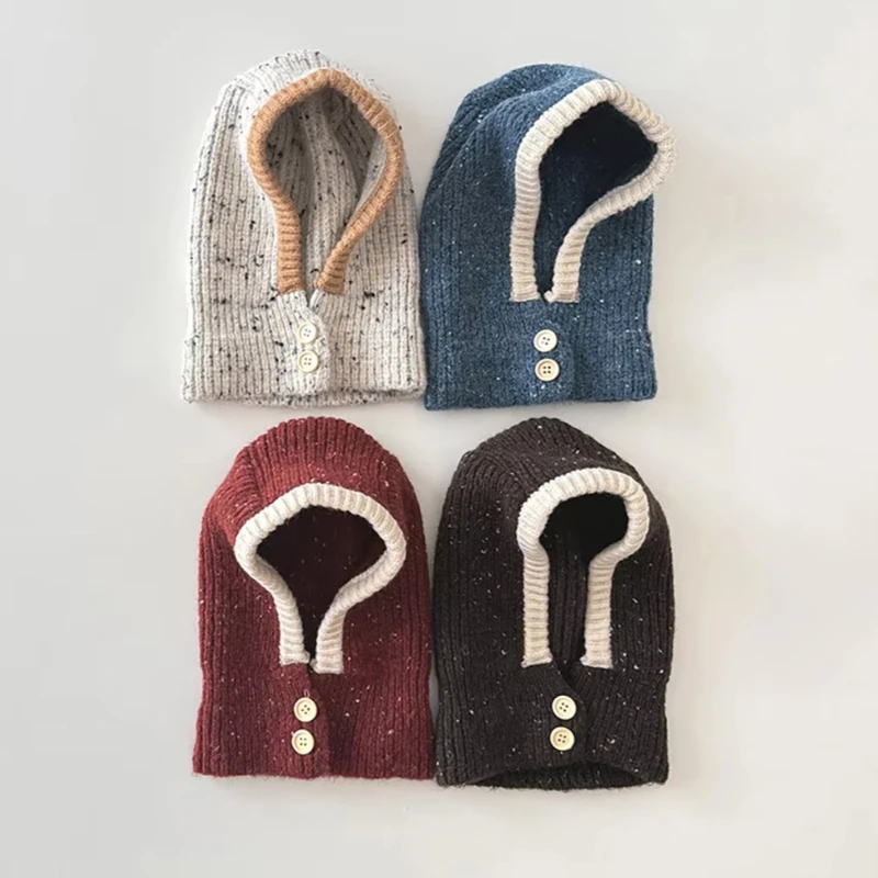 Kinder-Einteiler-Schal-Mütze, kältebeständig, warm, einfarbig, Kapuze, Strickmütze, Sturmhaube für Jungen und Mädchen im Alter von 1-5 Jahren – Detail 1