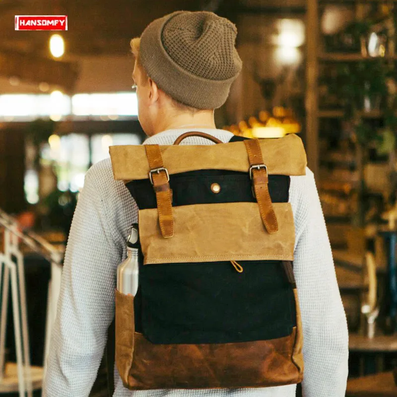 

Travel Men Backpack Casual Outdoor Mountaineering Bags Students Computer Backpacks Retro Oil Wax Canvas with Crazy Horse Leather