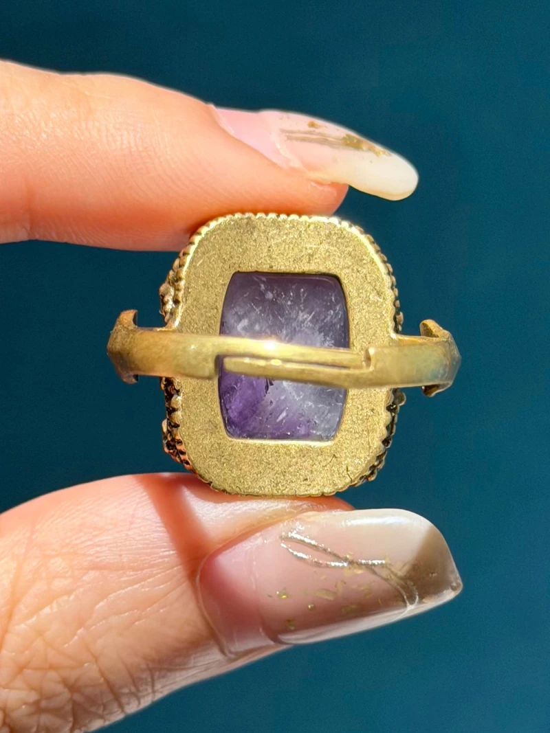 Retro Noble Purple Square Natural Stone Rings for Women Prong Setting Wedding Bands Vintage Antique Jewelry Party Copper 2024